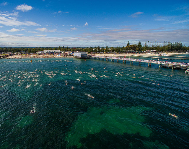 Aerial photo of swimmers during the Busselton Jetty Swim