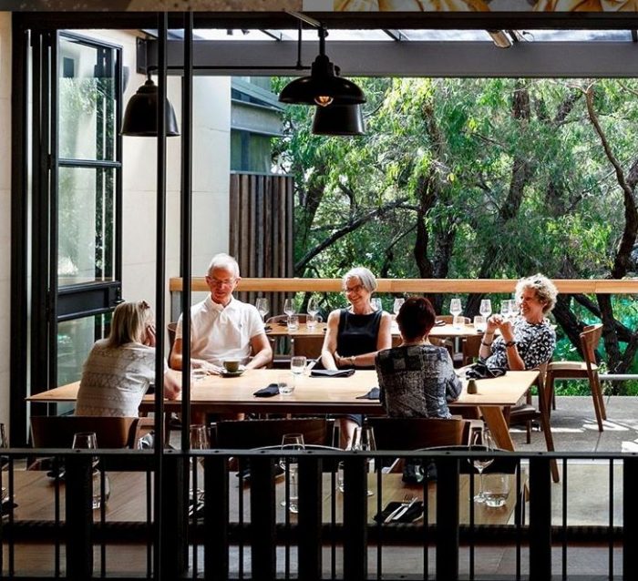 Yarri Bar + Restaurant, overlooking a brook and the old Peppermints